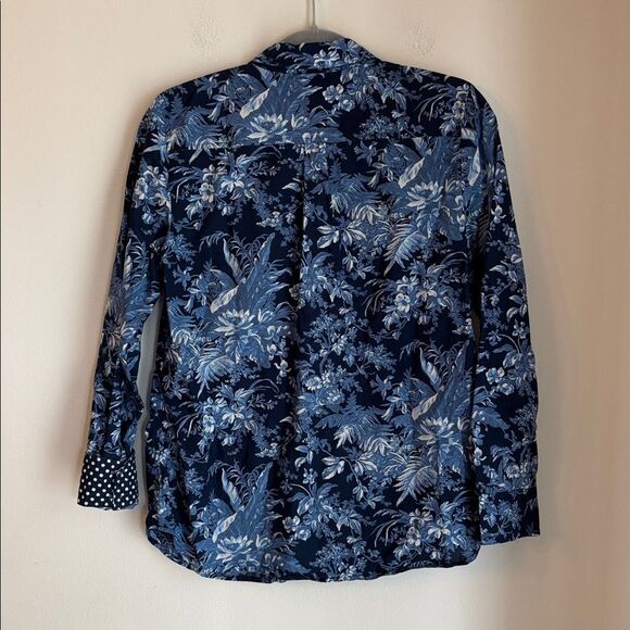 Talbots Navy Floral mixed print casual Button Down Shirt polka dots women SM EUC - Picture 9 of 10